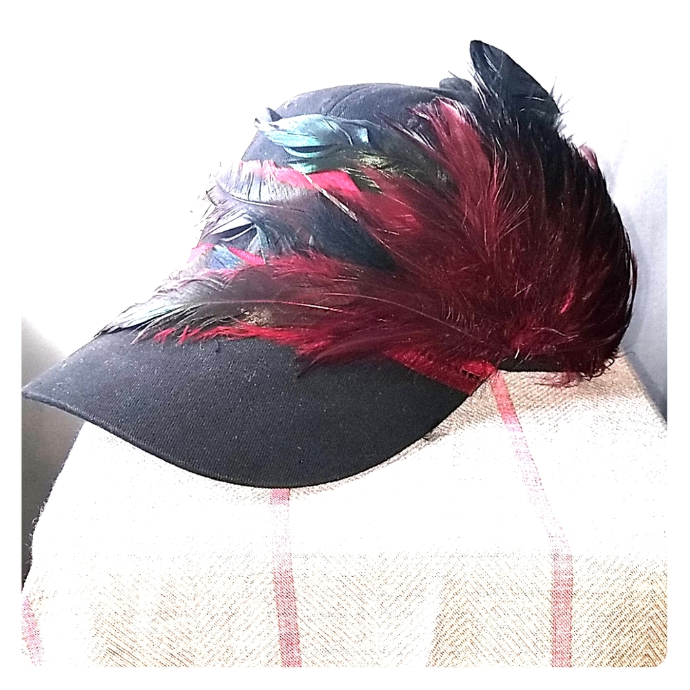 Black Feather-Trim Baseball Cap with Red Accent